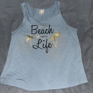 Women's Truself TS Brand‎ Beach Life Gold Palm Trees Blue-Gray Tank Top Size 1X